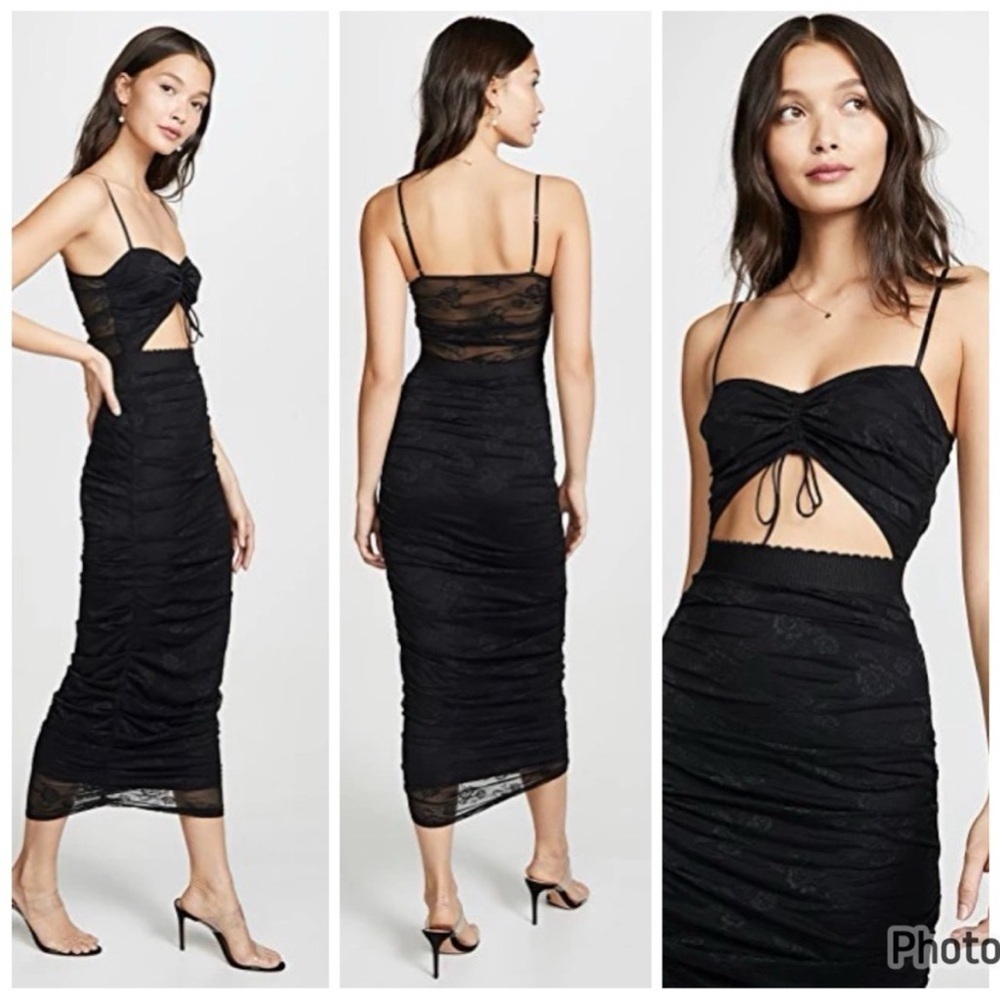 NWT For Love and Lemons Poison Black Ruched Cutout Midi Dress Sz M